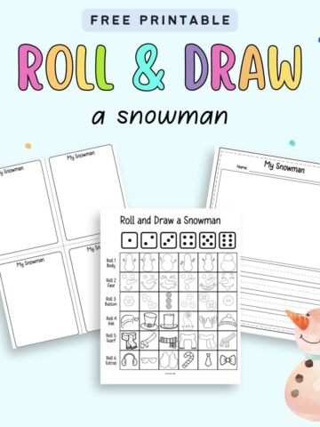 text "free printable roll and draw a snowman" with a preview of there sheets. One page has instructions, one has four cards to draw on, and another has a spot to draw a snowman and practice creative writing