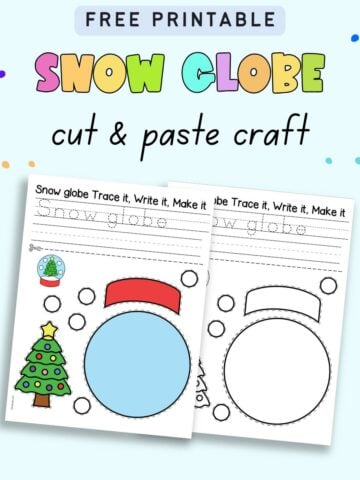 text "free printable snow globe cut and paste craft" with a preview of two snow globe cut and paste crafts