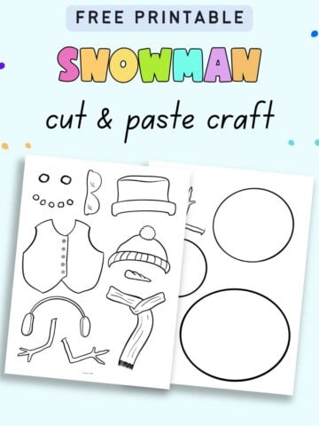 text "free printable snowman cut and paste craft" with a preview of two pages of snowman cut and paste craft for kids