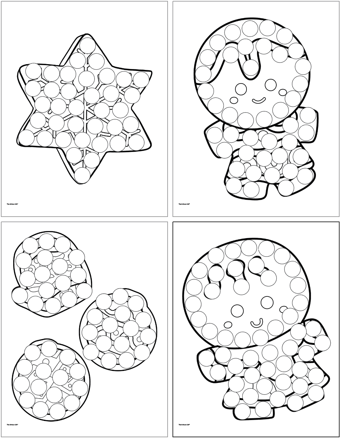 Four gingerbread cookie dot marker coloring pages for kids