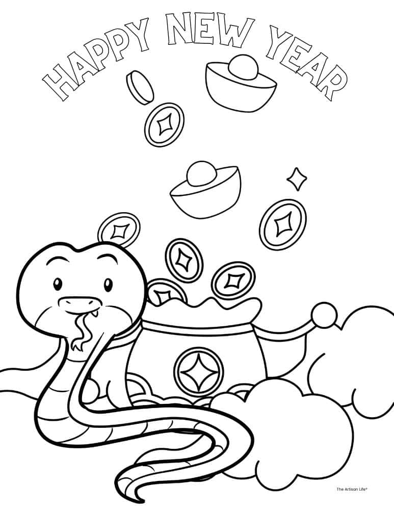 a coloring page for kids with a cute snake, pot with coins, and text "happy new year"