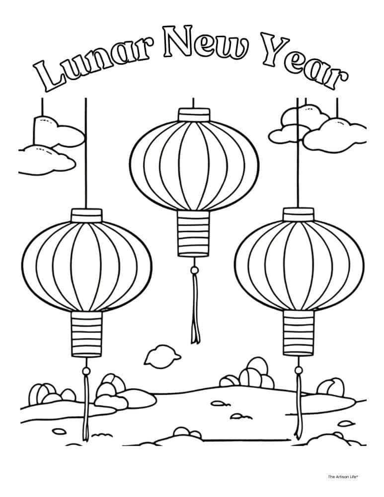 a coloring page with the text "lunar new year" and three paper lanterns 