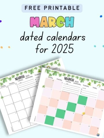 text "free printable march dated calendars for 2025" with a preview of two march calendar pages