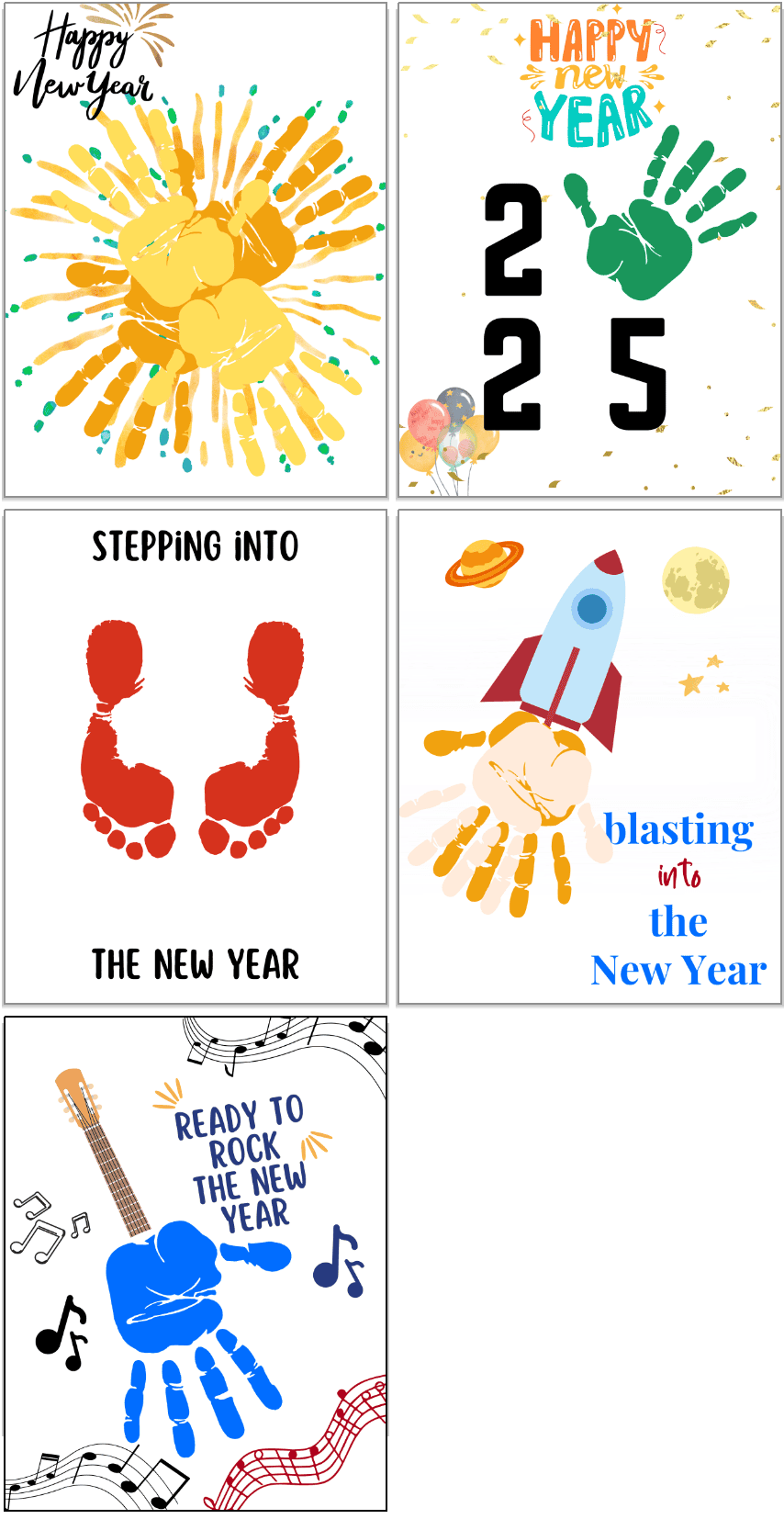 A gird with samples of five completed handprint and footprint crafts for New Year's