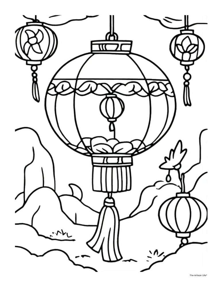 a coloring page with paper lanterns for the Lunar New Year