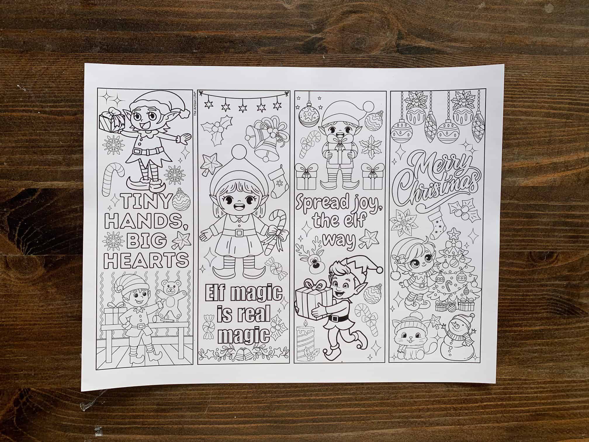 A printed page with four elf coloring page bookmarks 