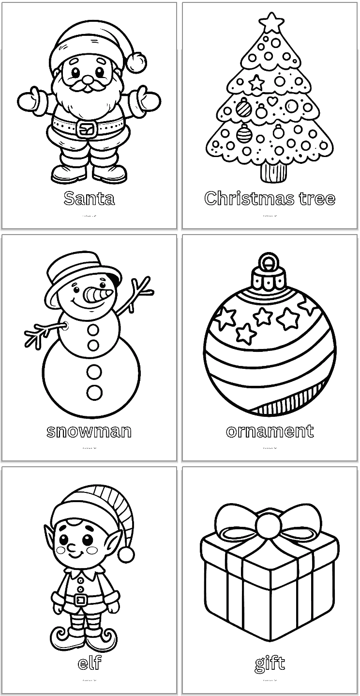 Six bold, easy Christmas coloring pages for kids. Each page has a vocabulary word in a bubble font. Pages include: Santa, a Christmas tree, a snowman, an ornament, an elf, and a gift