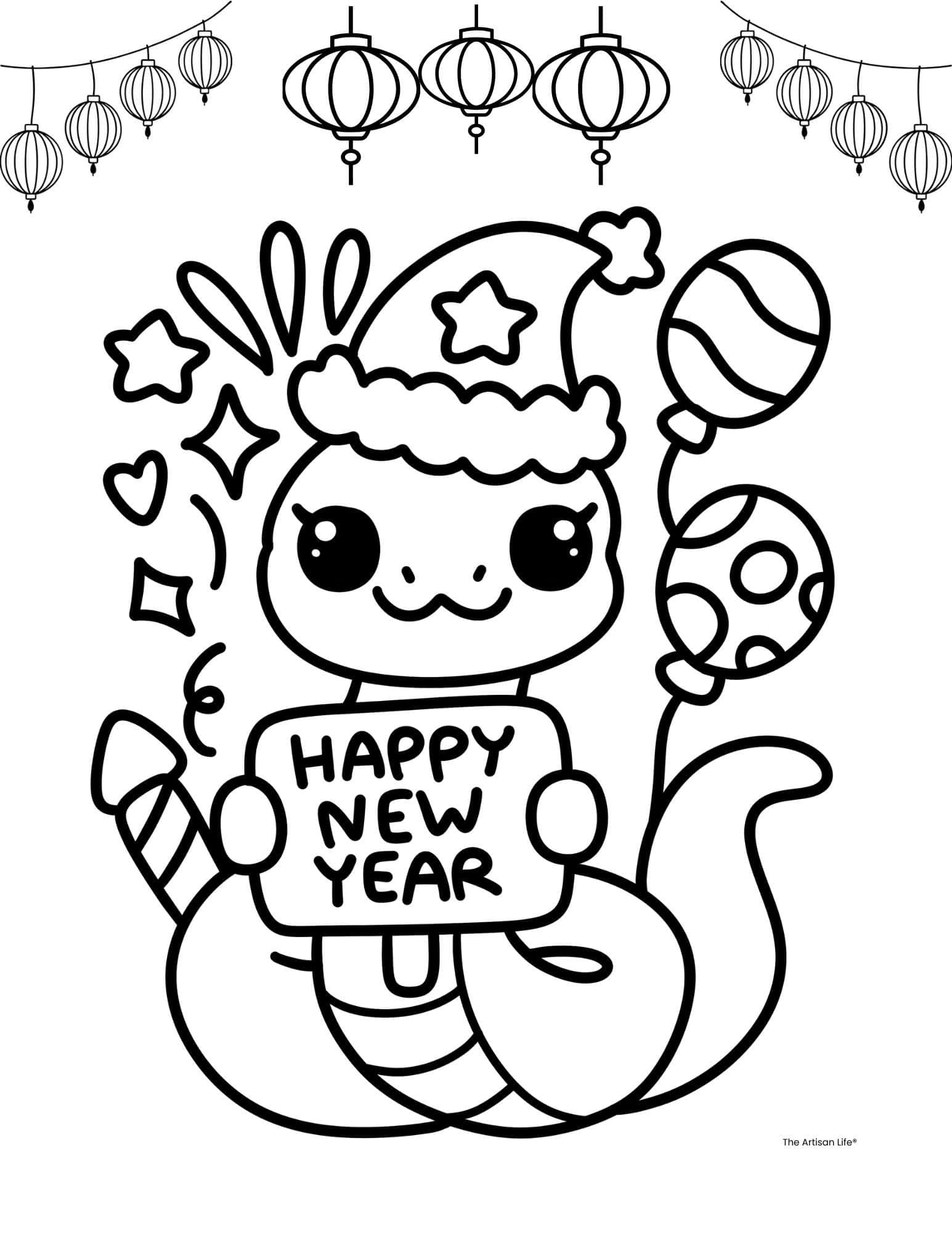 a snake holding a sign reading "happy new year"