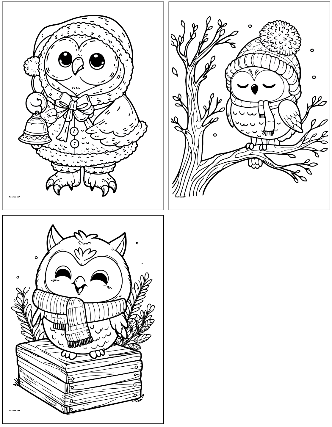 Three cute owl Christmas coloring pages for kids