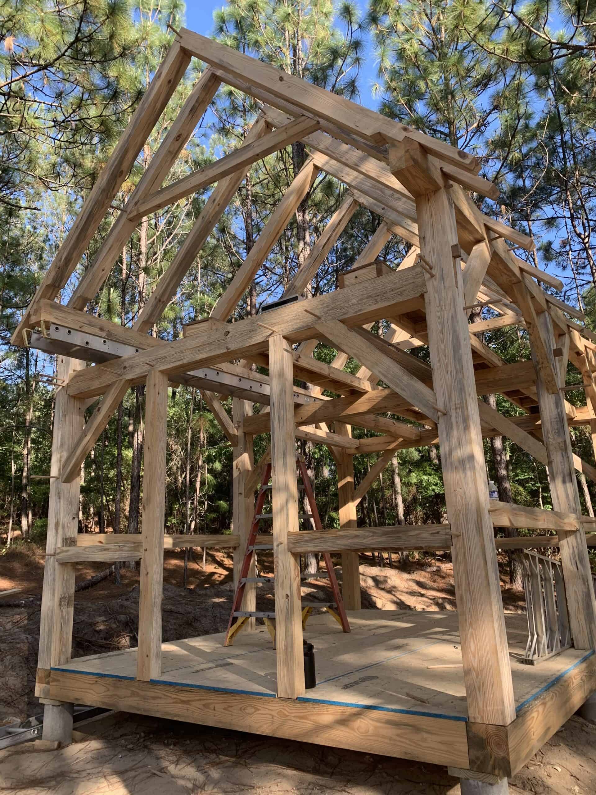 the frame of a timber frame shed