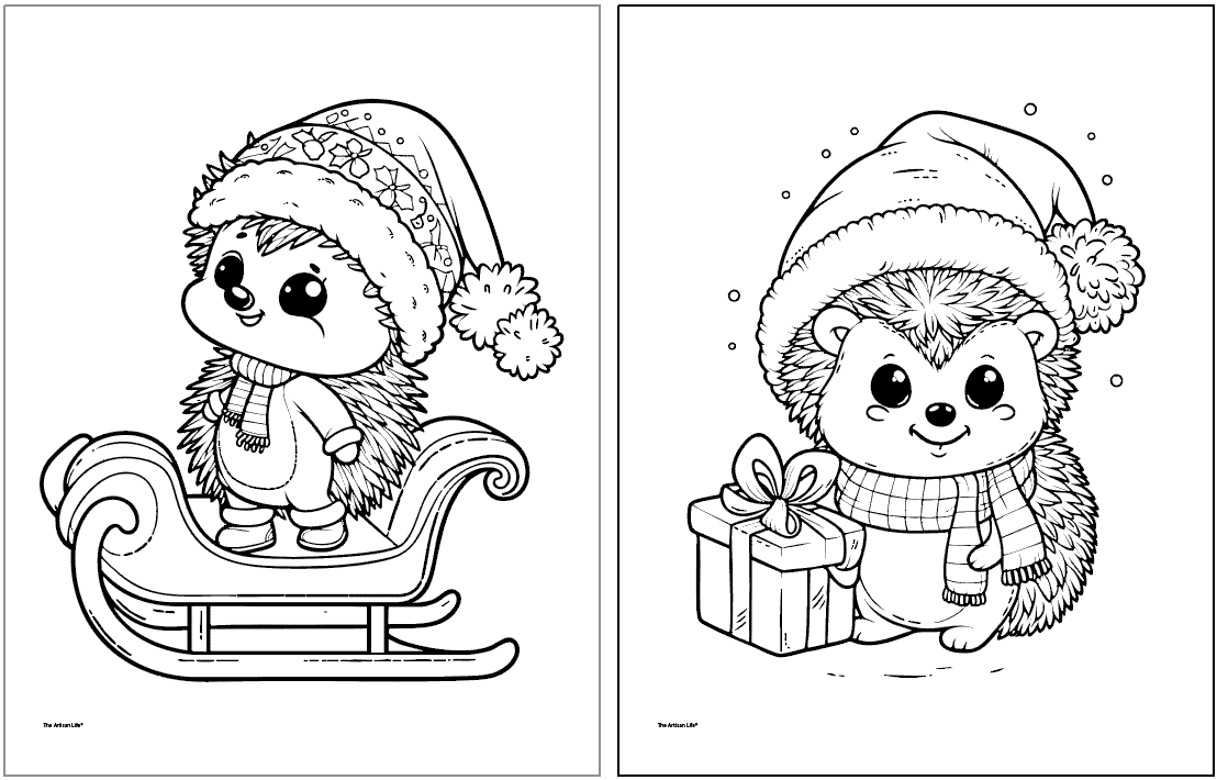 two christmas hedgehog coloring pages. In one a hedgehog is standing on a sled and on the other it is next to a gift