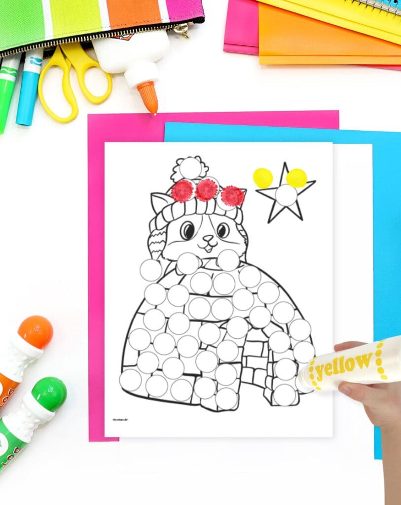 Free Printable Winter Cat Dot Marker Coloring Pages - The Artisan Life