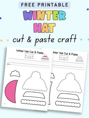 text "free printable winter hat cut and paste craft" with a preview of two cut and paste crafts with a toboggan hat. One is poor and the other black and white.