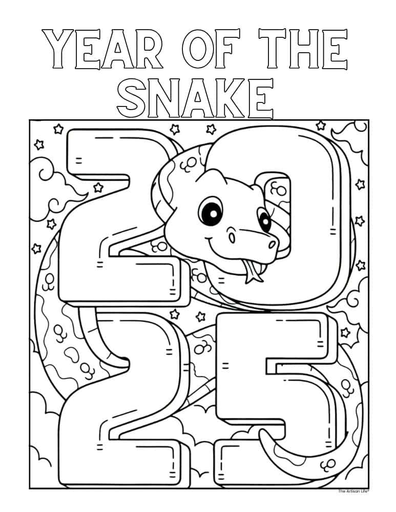 text "year of the snake" and a snake wrapped around the number 2025