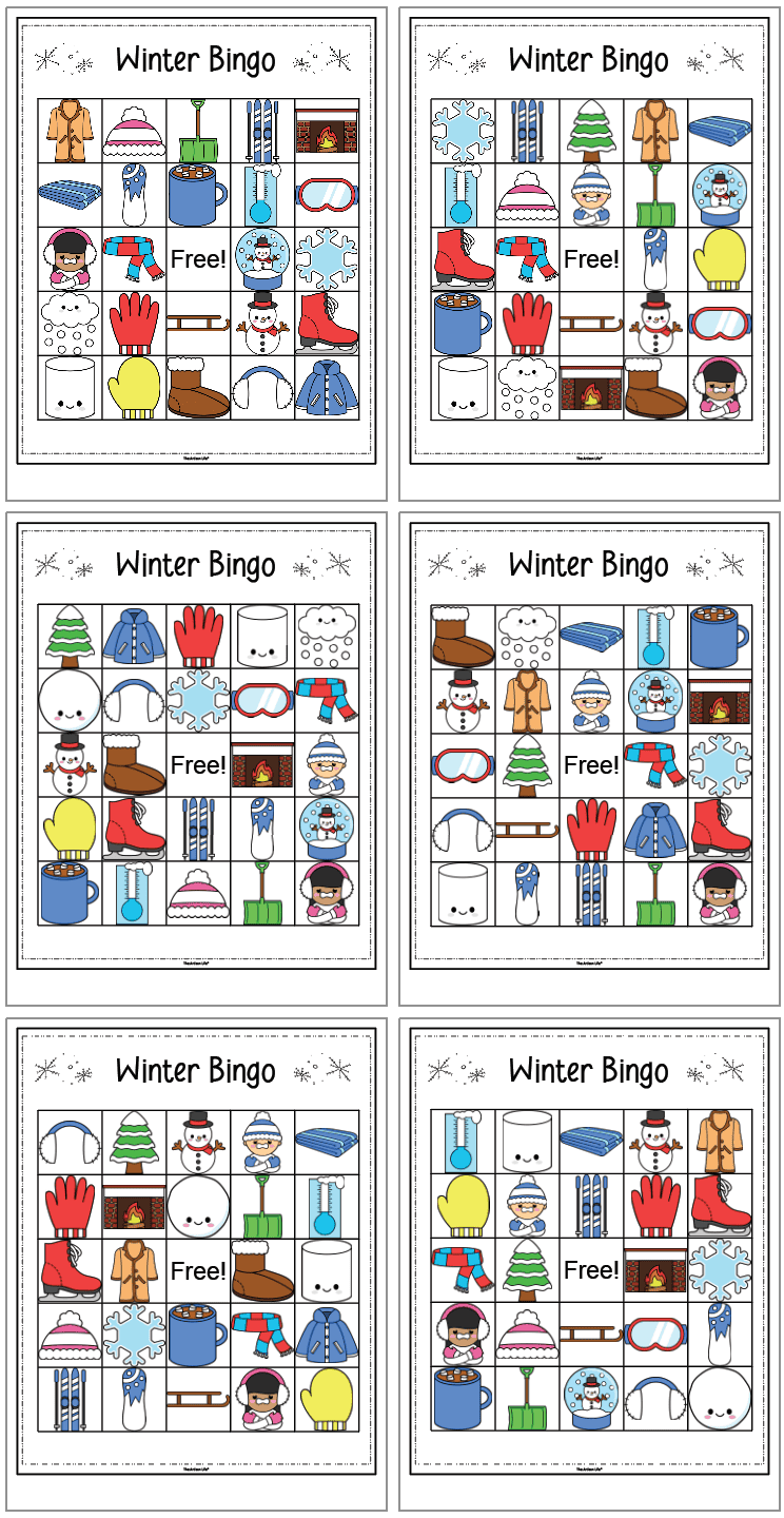 a 2x3 grid showing six winter pice bingo cards for kids