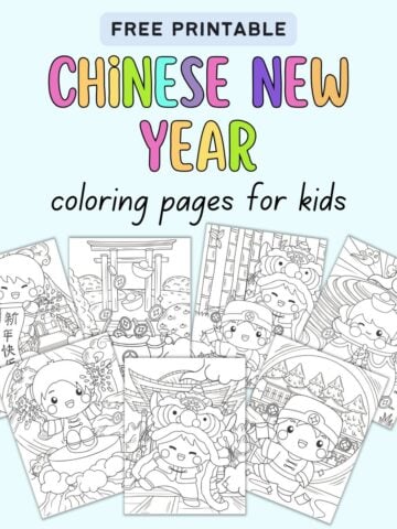 text "free printable Chinese new year coloring pages for kids" with a preview of five pages of lunar new year coloring sheets