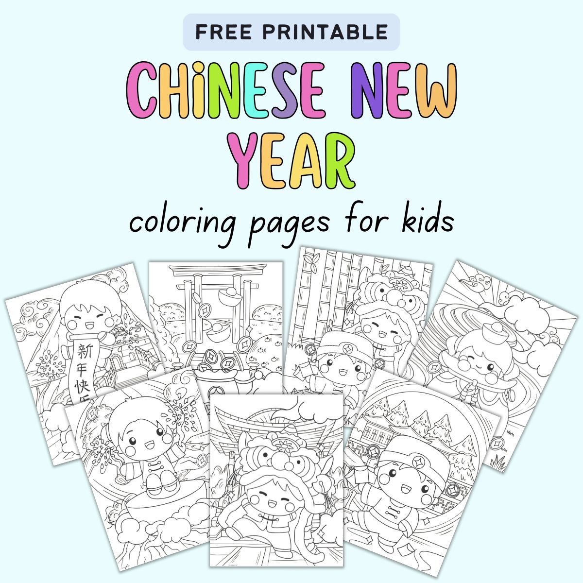 text "free printable Chinese new year coloring pages for kids" with a preview of five pages of lunar new year coloring sheets