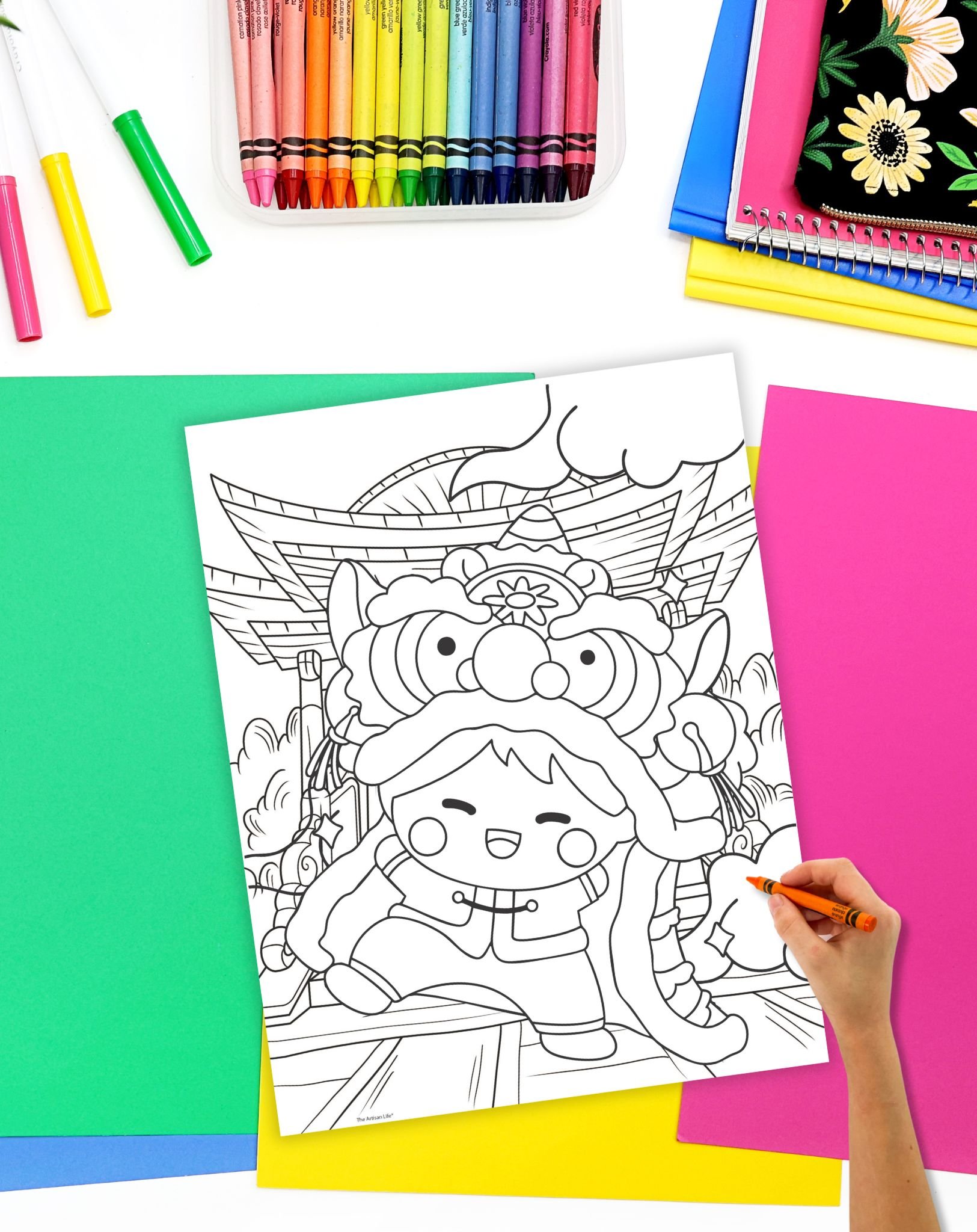 a Chinese New Year coloring page showing a child in a dragon costume