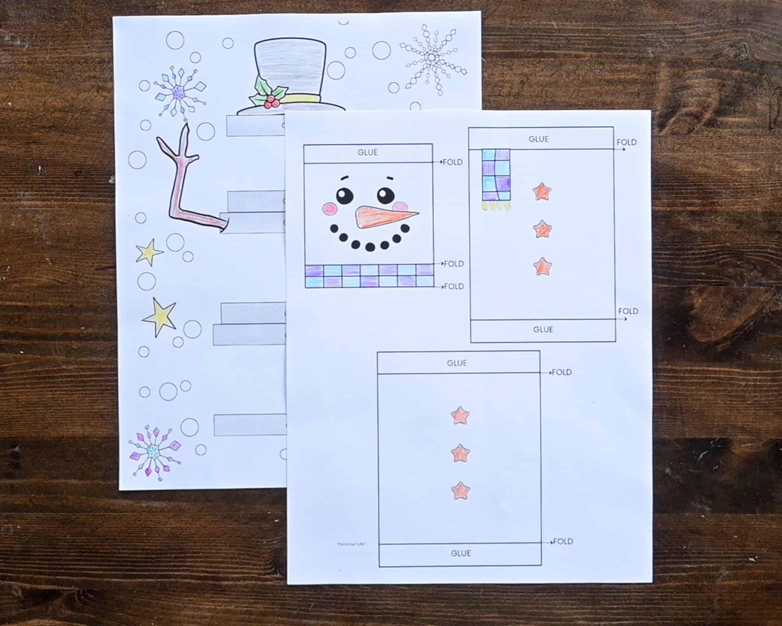 two colored in pages for a 3d snowman craft