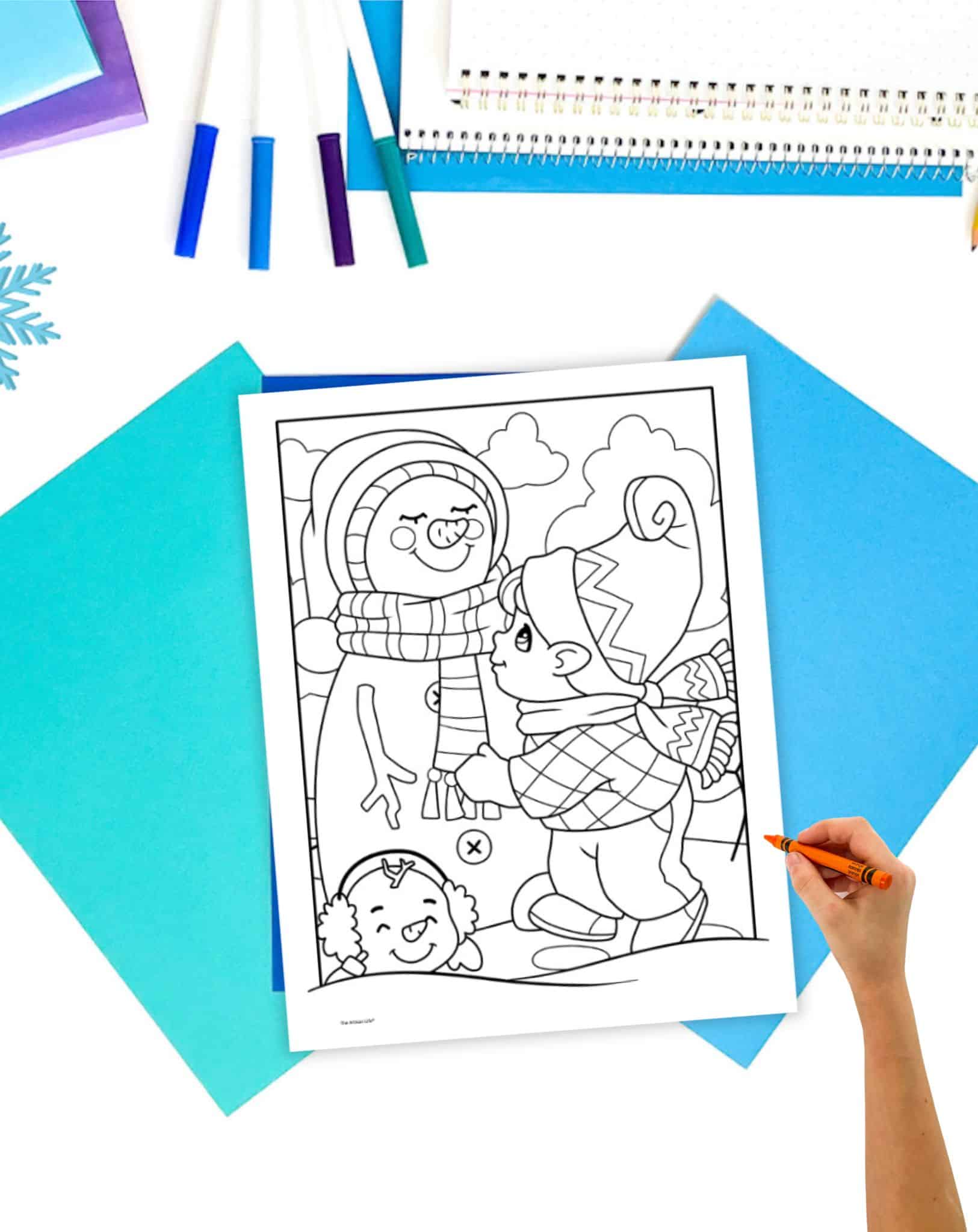 a coloring page of a cute winter gnome child building a snowman