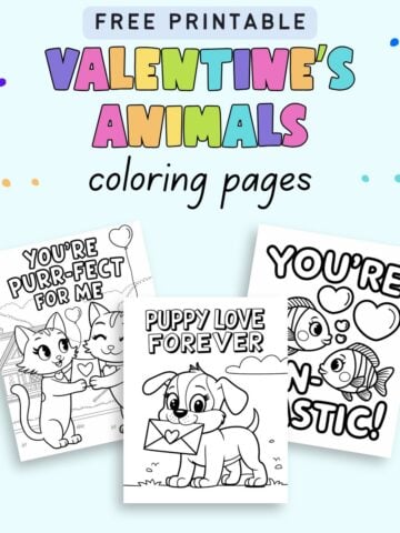 text "free printable Valentine's animals coloring pages" with a preview of three animal Valentine's coloring sheets for kids