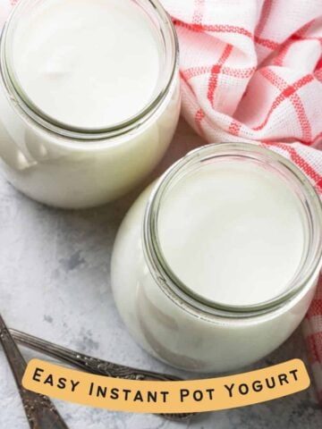 text "easy instant pot yogurt" over a picture of two wide mouth cards of homemade yogurt