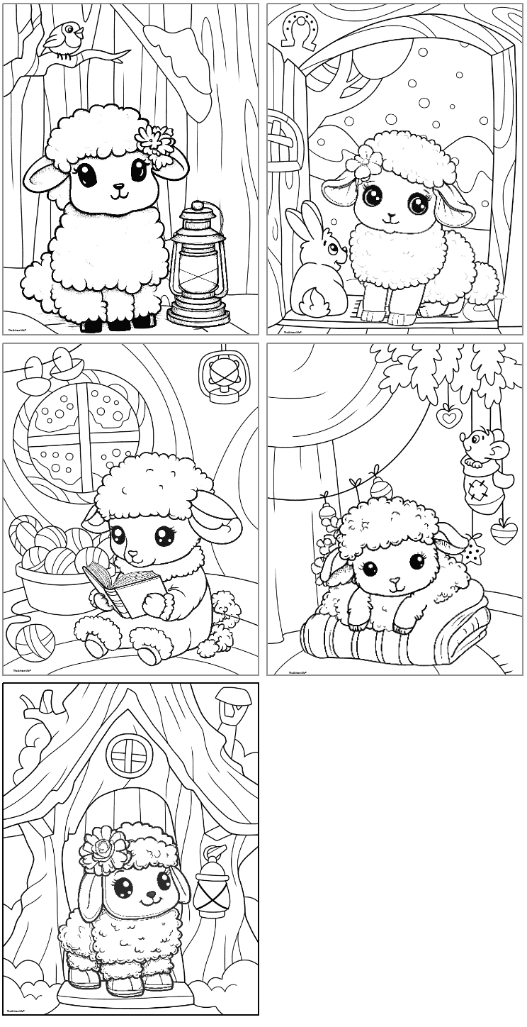 Five cute winter lamb coloring pages for kids showing lambs at home being cozy and cute lambs outside in the snow