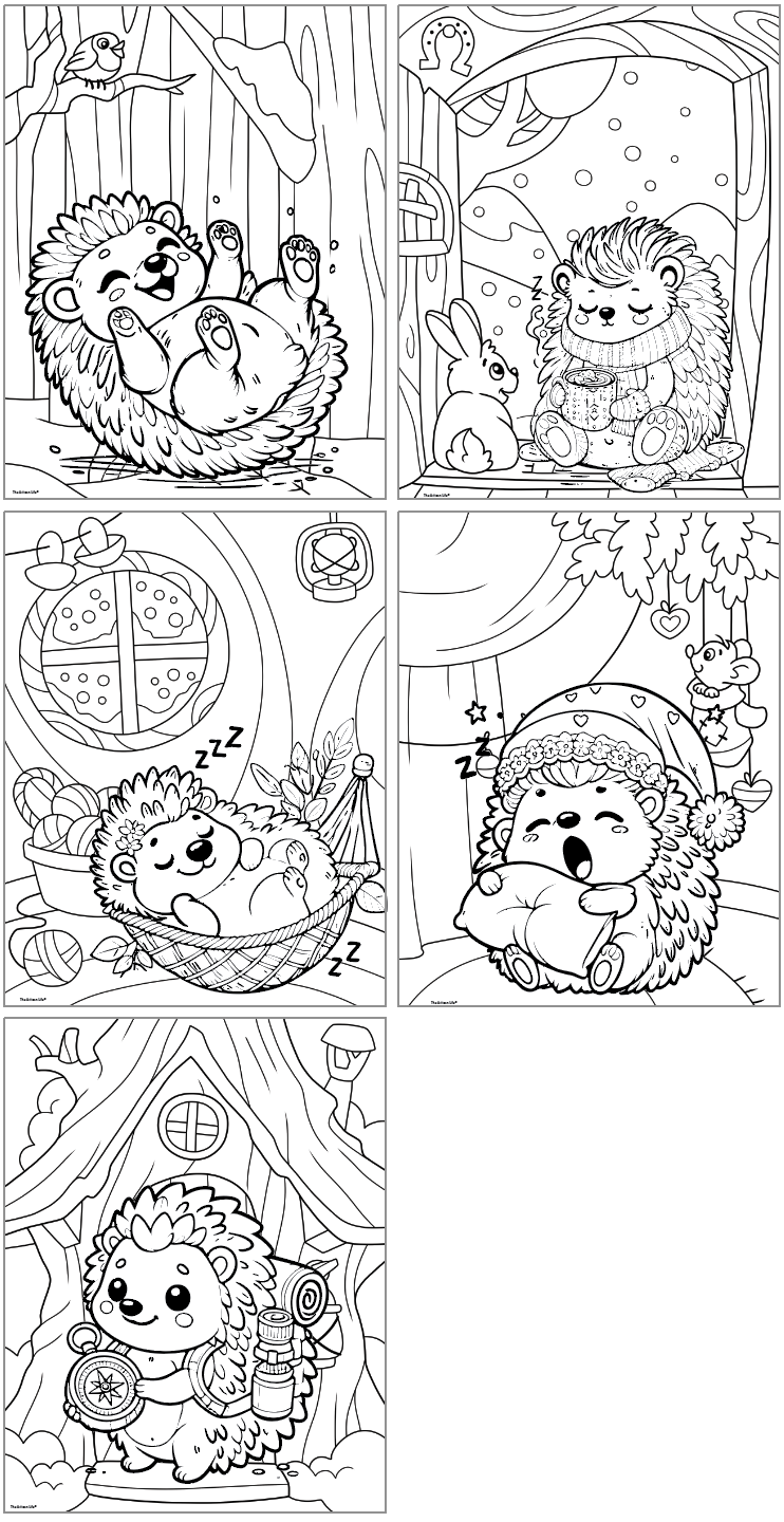 five cute winter hedgehog coloring pages for kids showing hedgehogs in the snow as well as warm and cozy inside