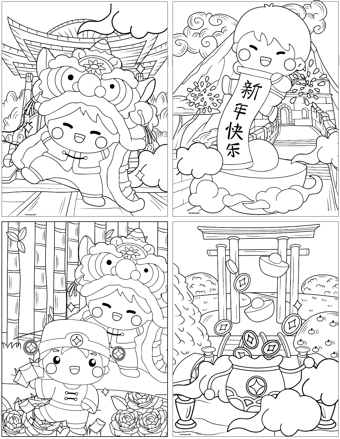 Four coloring pages of kids celebrating the Chinese New Year/Lunar New Year