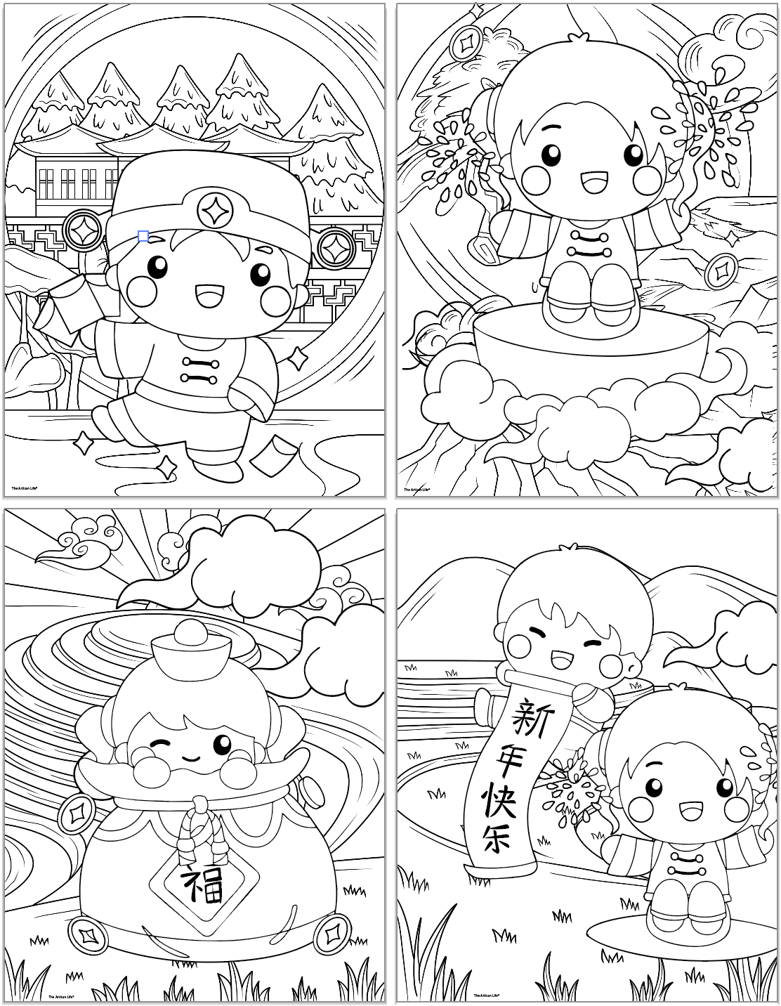 Four coloring pages for kids showing Chinese New Year scenes with children celebrating