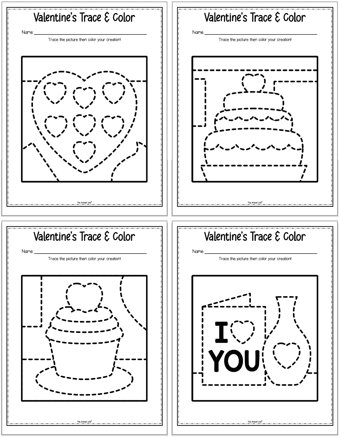 Four Valentine's Day trace and color worksheets for preschool and kindergarten students. Each page has a Valentine's themed image to trace.