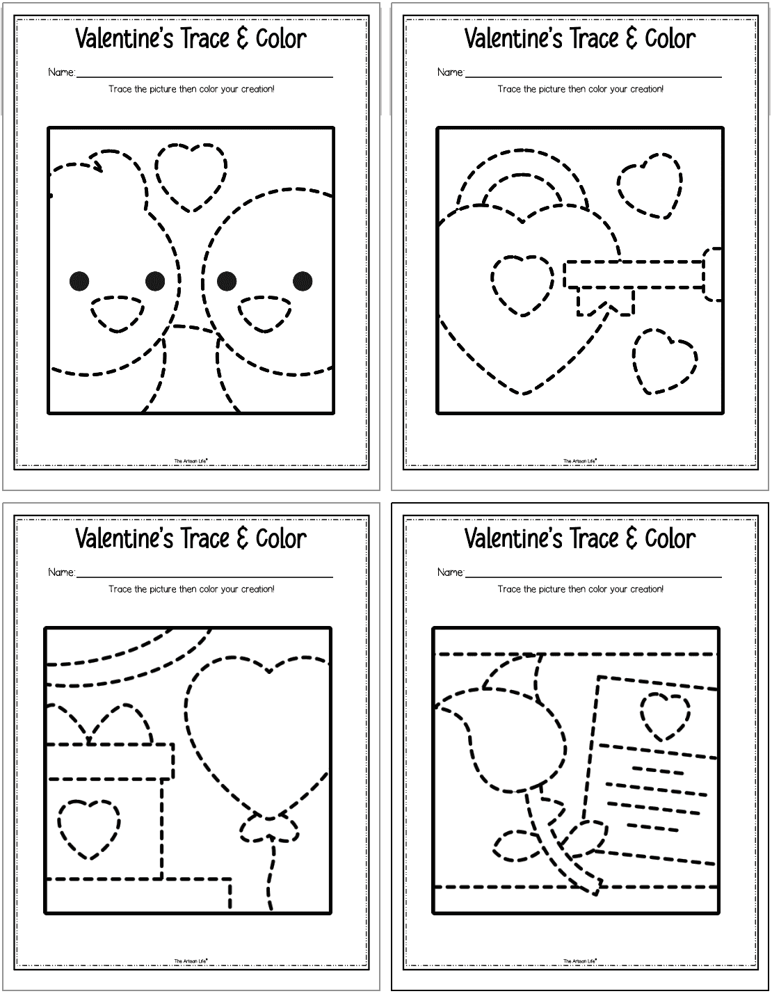 Four Valentine's Day trace and color worksheets for preschool and kindergarten students