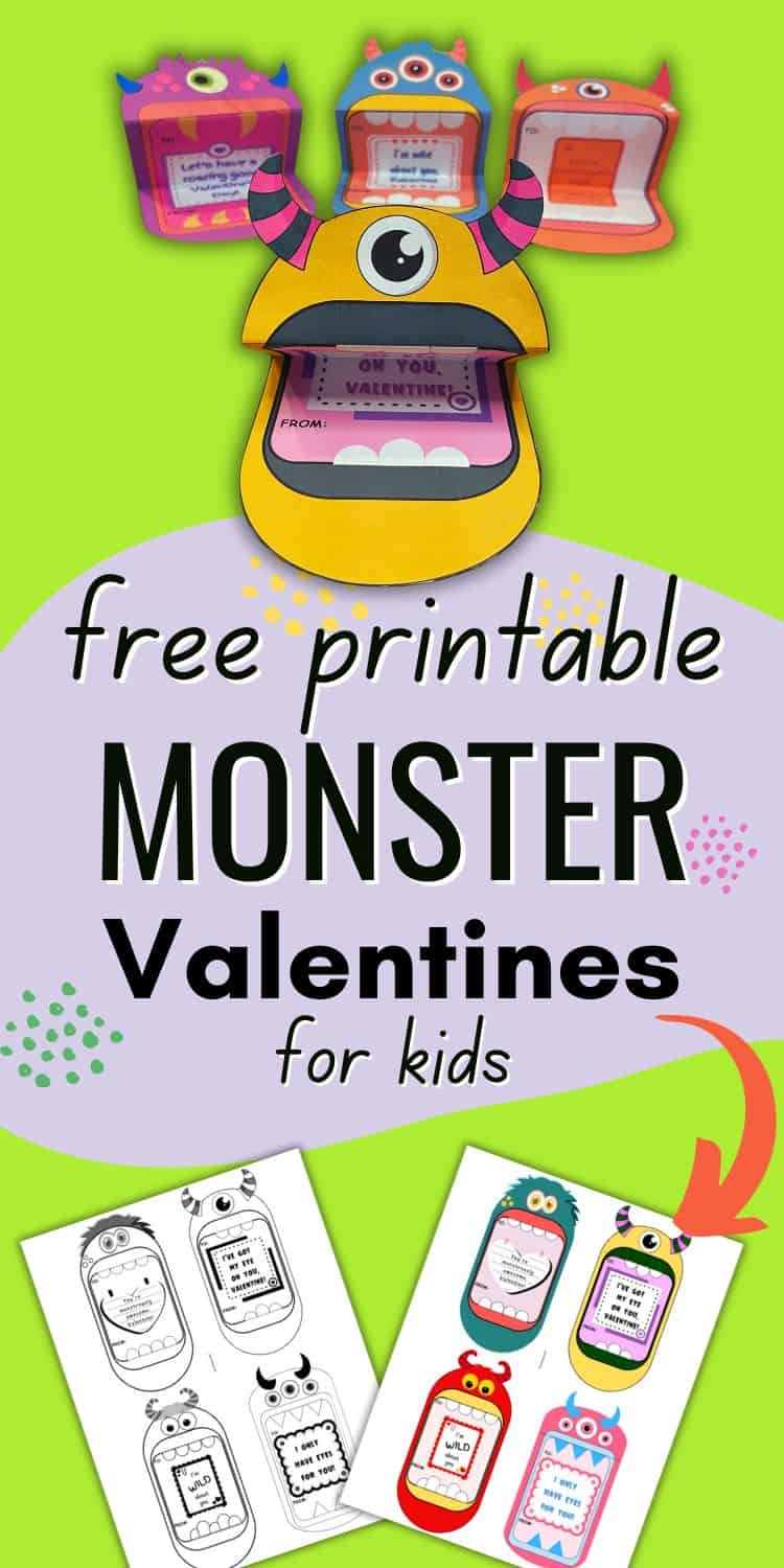 text "free printable monster valentines for kids" with a preview of four cut our monster valentines and two pages of valentines to print