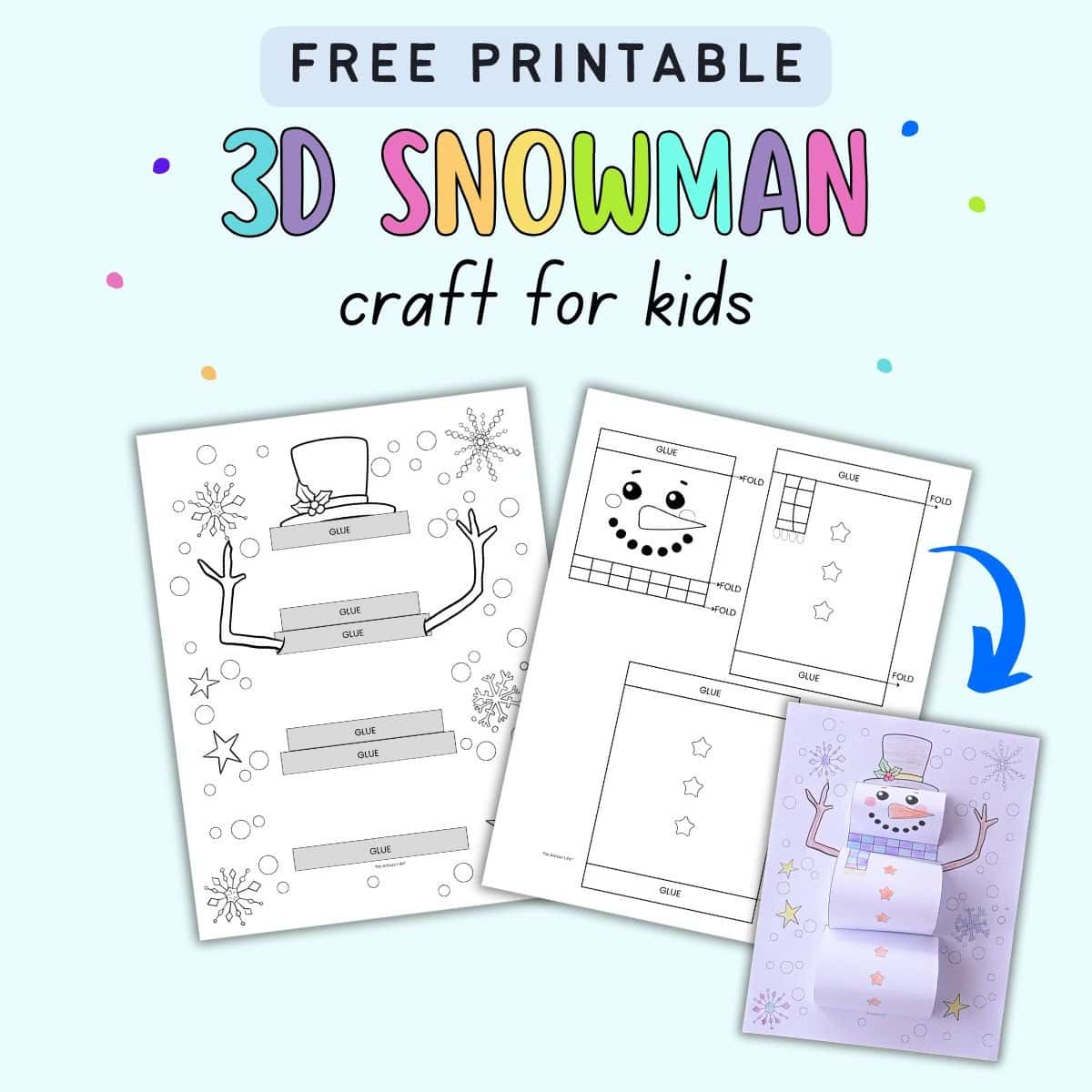 text "free printable 3D snowman craft for kids" with images of two printable pages and a completed snowman craft