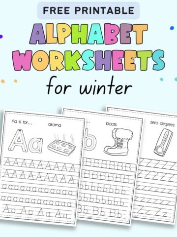 text "free printable alphabet worksheets for winter" with a preview of three winer alphabet handwriting practice worksheets