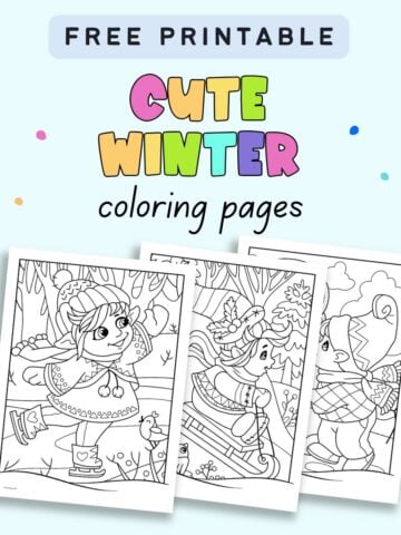 text "free printable cute winter coloring pages" with a preview of three pages showing cute gnome children playing outside in the snow.