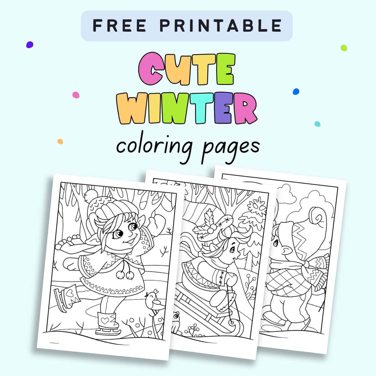 text "free printable cute winter coloring pages" with a preview of three pages showing cute gnome children playing outside in the snow.