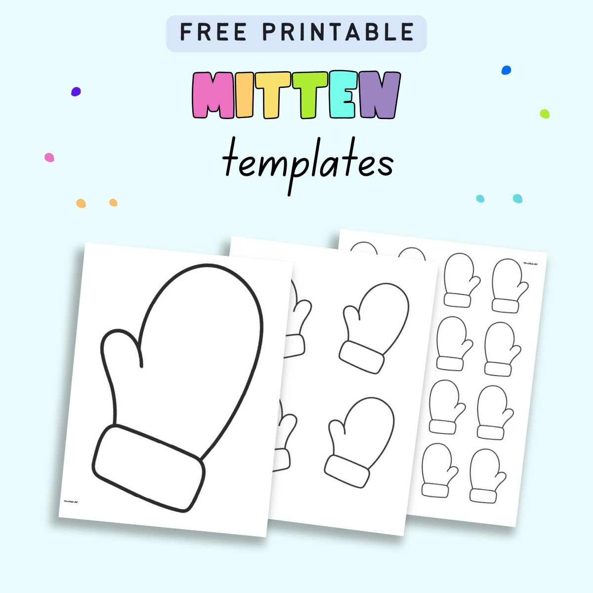 text "free printable mitten templates" with a preview of three sheets of mitten templates for winter crafts