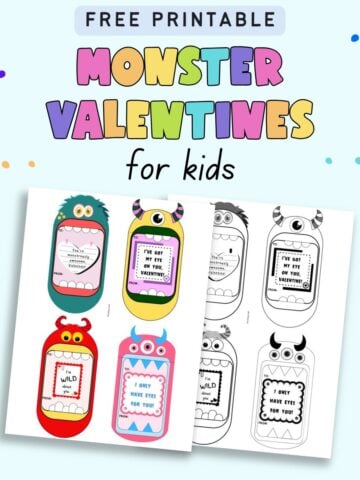 text "Free printable monster valentines for kids" with a preview of a page with four color monster valentines and a page with four black and white monster valentines