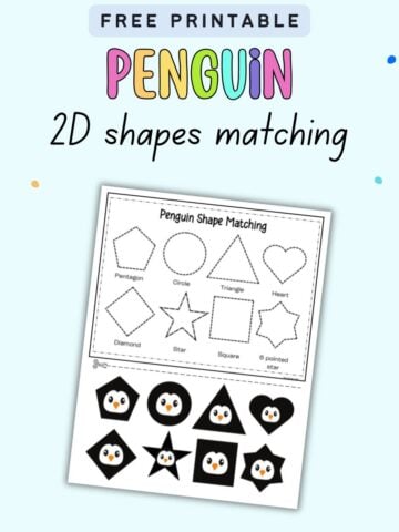 Text "free printable penguin 2d shapes matching" with a preview of a penguin themed 2d shape matching cut and paste activity