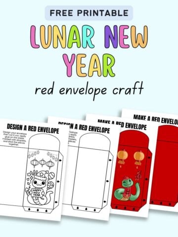 text "Free printable Lunar New Year red envelope craft" with a preview of four envelope craft printables