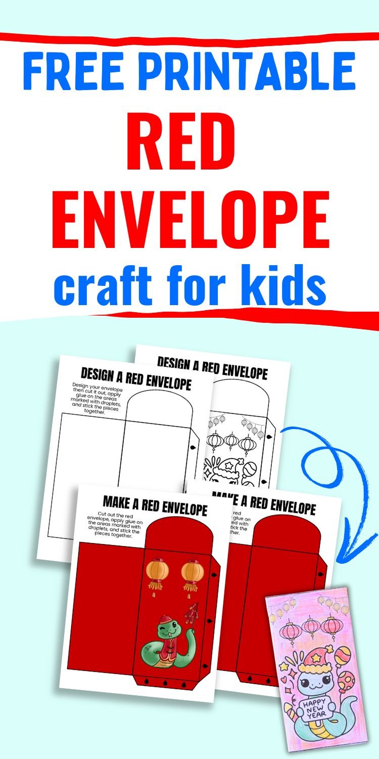 A printable craft template for kids featuring instructions to create a red envelope for Chinese New Year, highlighting design options and serving as an engaging activity for Lunar New Year celebrations.