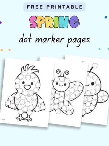 text "free printable spring dot marker pages" with a preview of three spring dot painting sheets