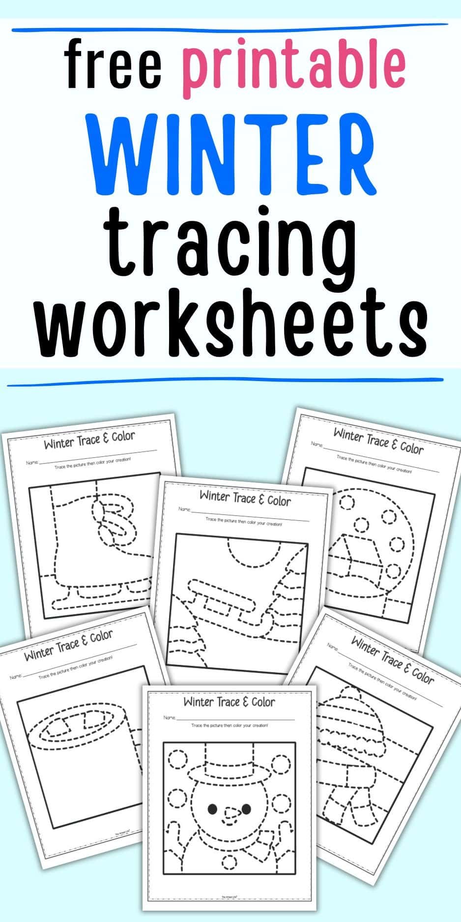 A collection of winter-themed tracing worksheets for preschoolers, featuring dotted lines for tracing and instructions to trace and color various winter-related images.