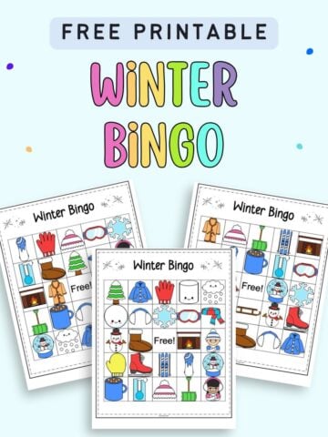 text "free printable winter bingo" with a prefer of three winter picture bingo cards