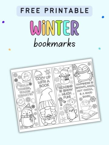 text "Free printable winter bookmarks" with a page of four free printable winter bookmarks