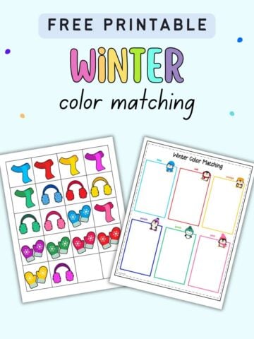 text 'free printable winter color matching" with a preview of two sheets for a color matching activity. One is a page with columns and color labels. The other page has tiles with colored winter items.