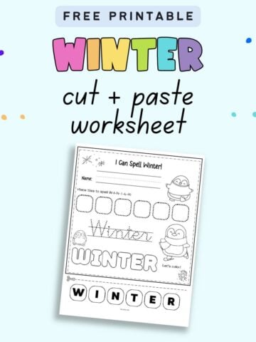 text "free printable winter cut and paste worksheet" with a preview of a cut and paste winner spelling worksheet with penguins to color