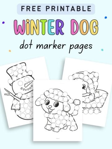 text "free printable winter dog dot marker pages" with a preview of six cute winter cat themed dot marker sheets for kids