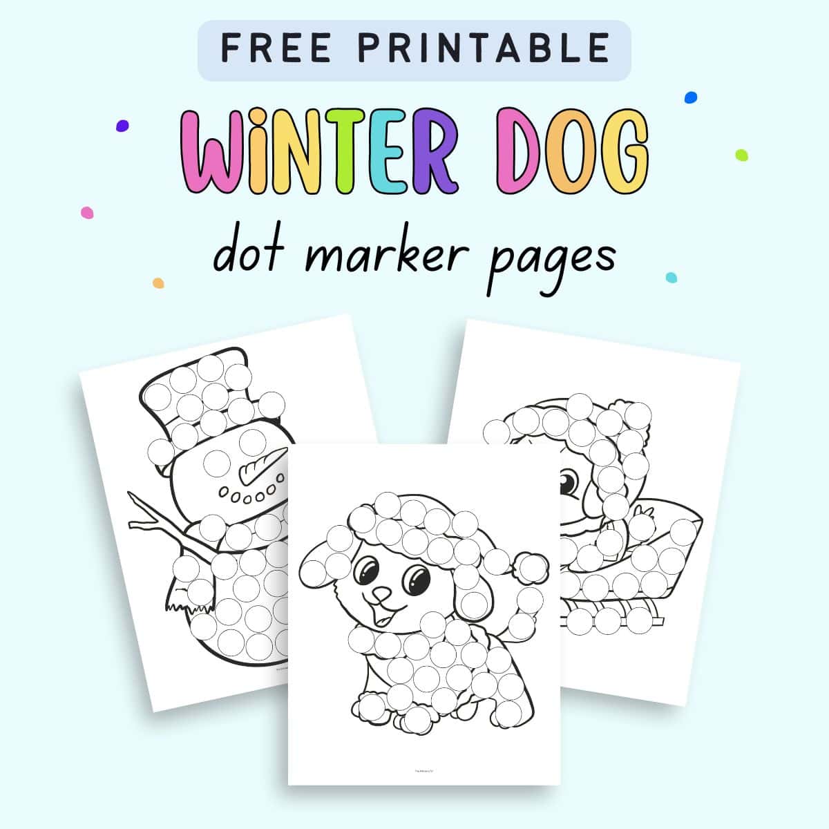 text "free printable winter dog dot marker pages" with a preview of six cute winter cat themed dot marker sheets for kids